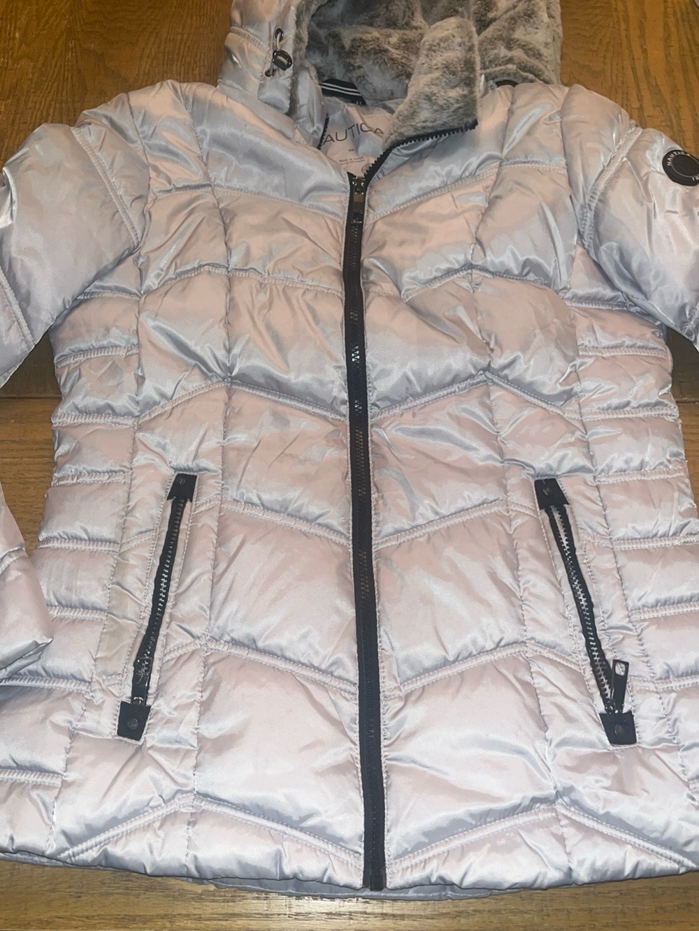 Nautica Women's Puffer Jacket Coat & Removable Hood Faux Fur Size Medium Gray